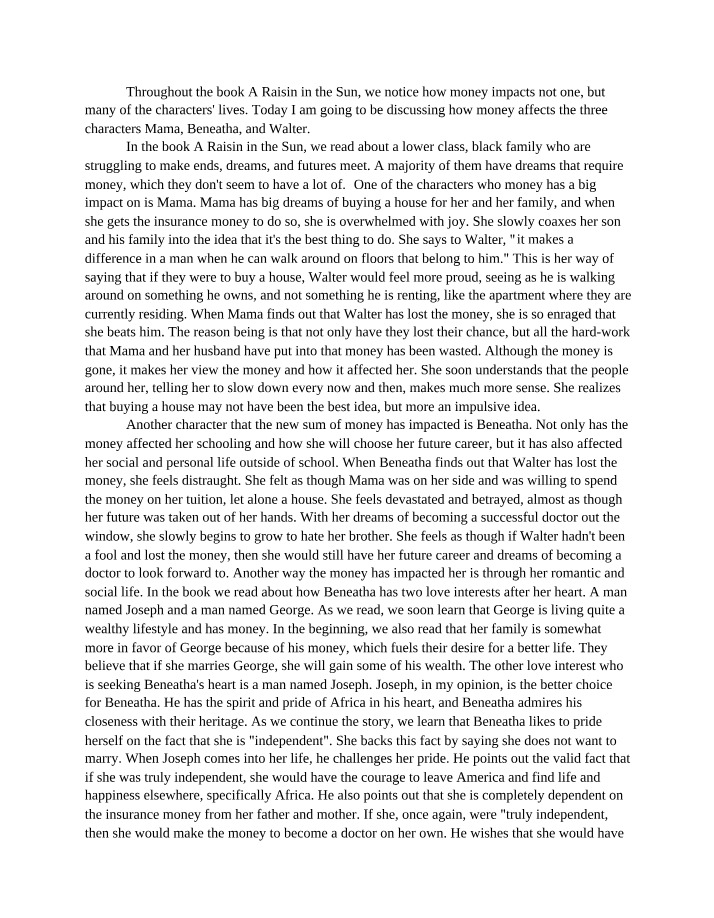 Money's Impact on Walter, Beneatha, and Mama in A Raisin in the Sun