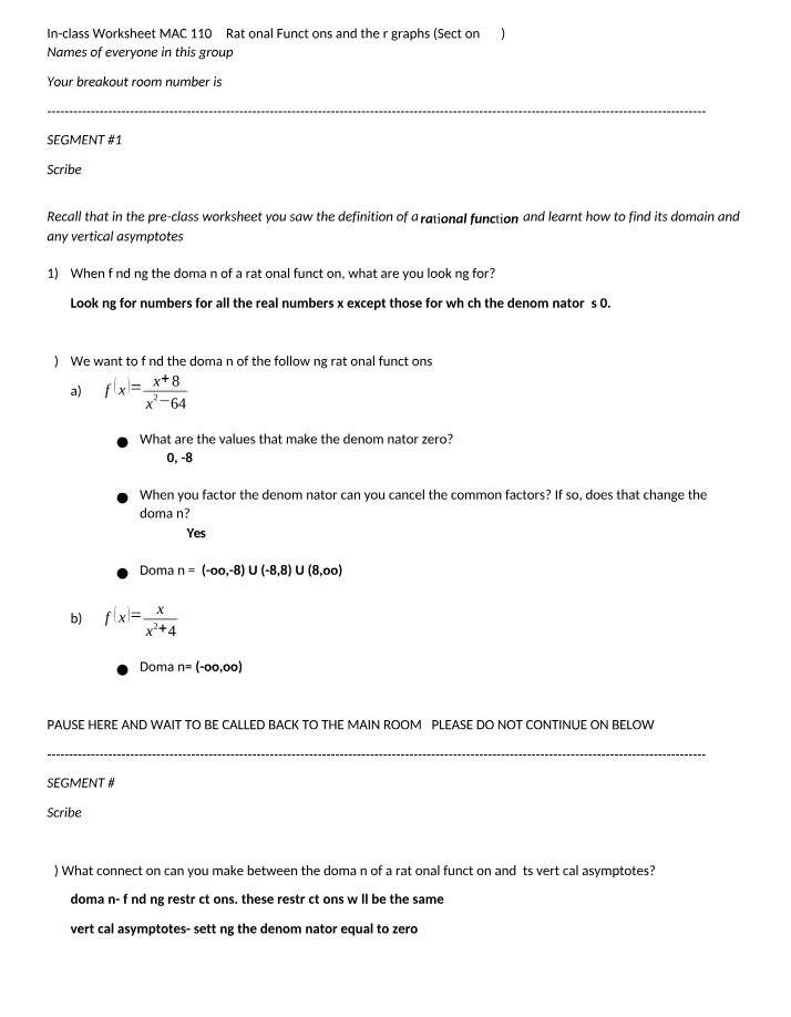 Worksheet on Rational Functions