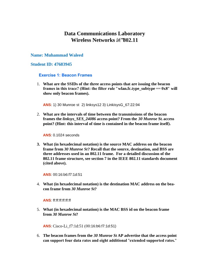 Beacon Frames, SSIDs, MAC Addresses, and Data in Wireless Networks