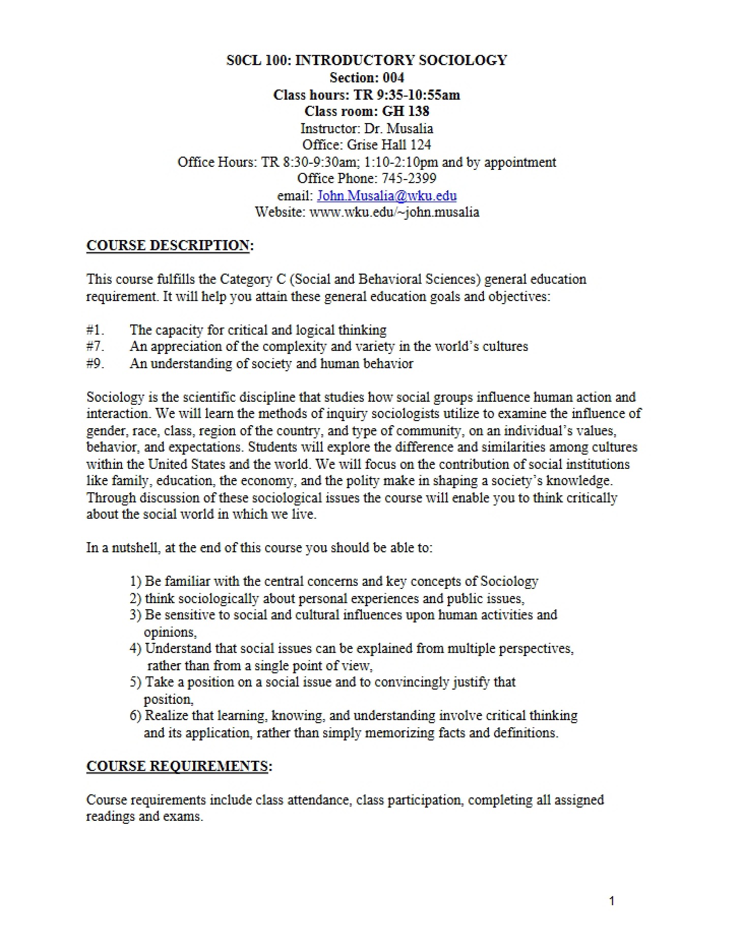 Syllabus for Sociology 100