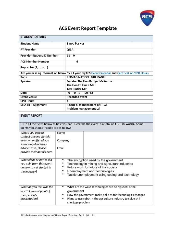 Event Report Template for ACS