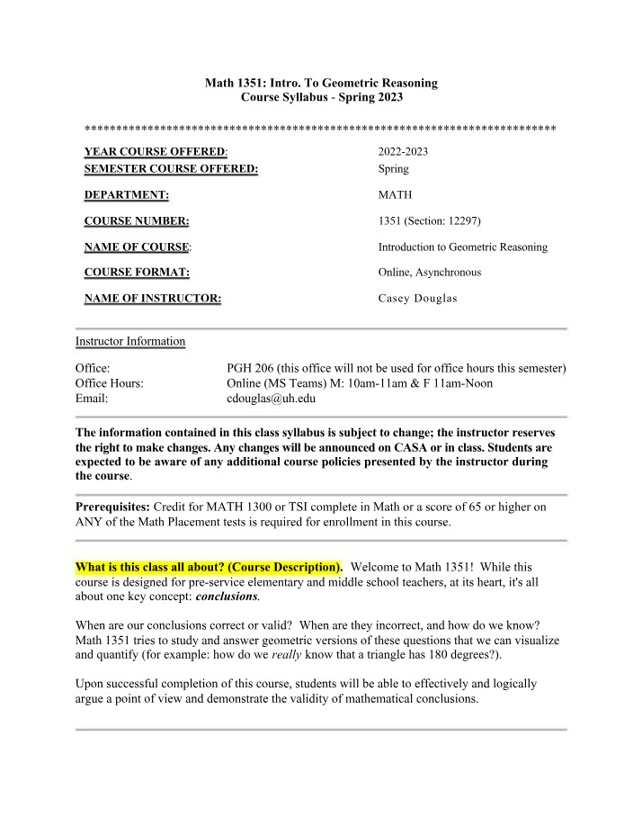 MATH1351 Spring 2023 Syllabus Document