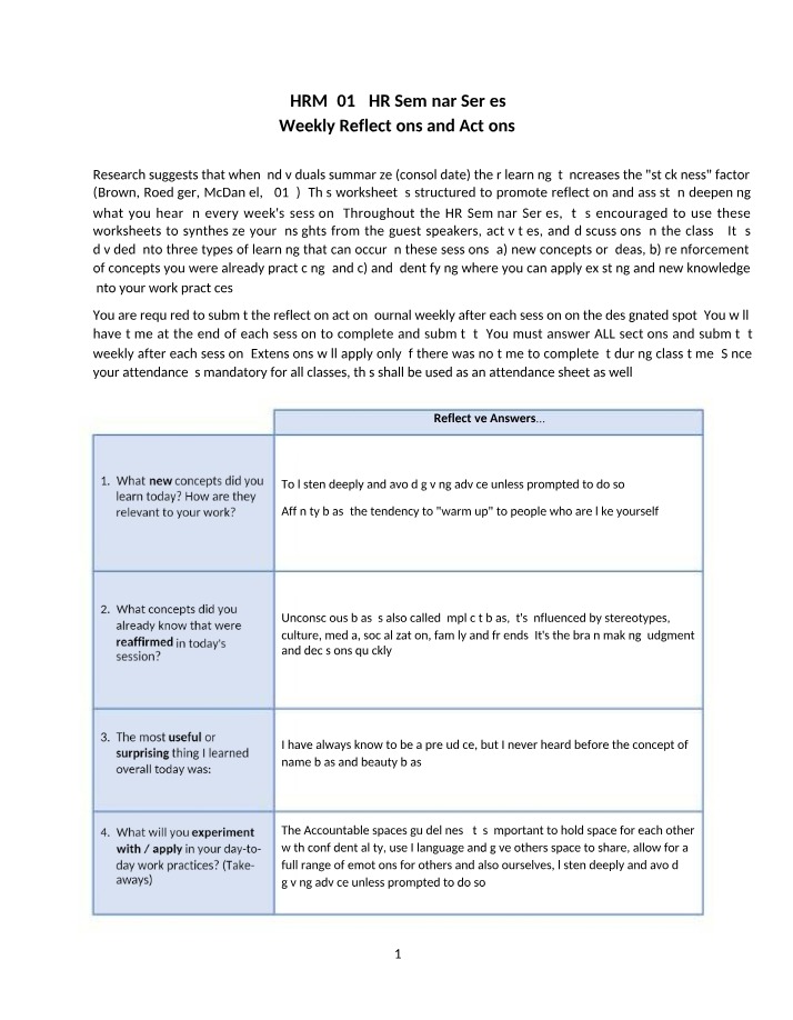 Weekly Reflections & Actions - HRM4015