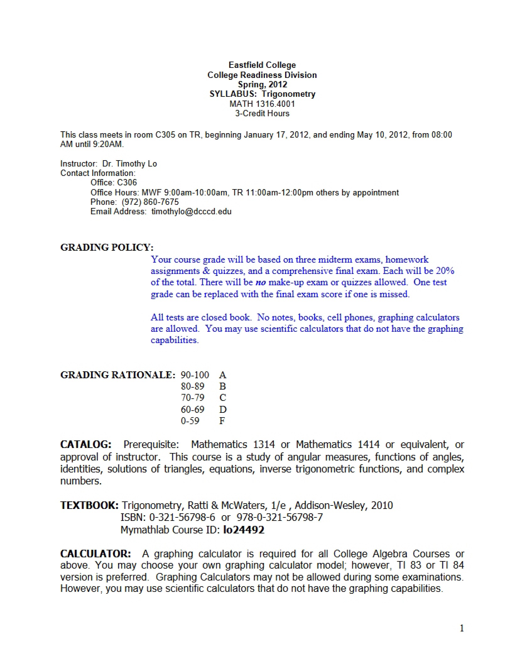 Course Syllabus for Plane Trigonometry