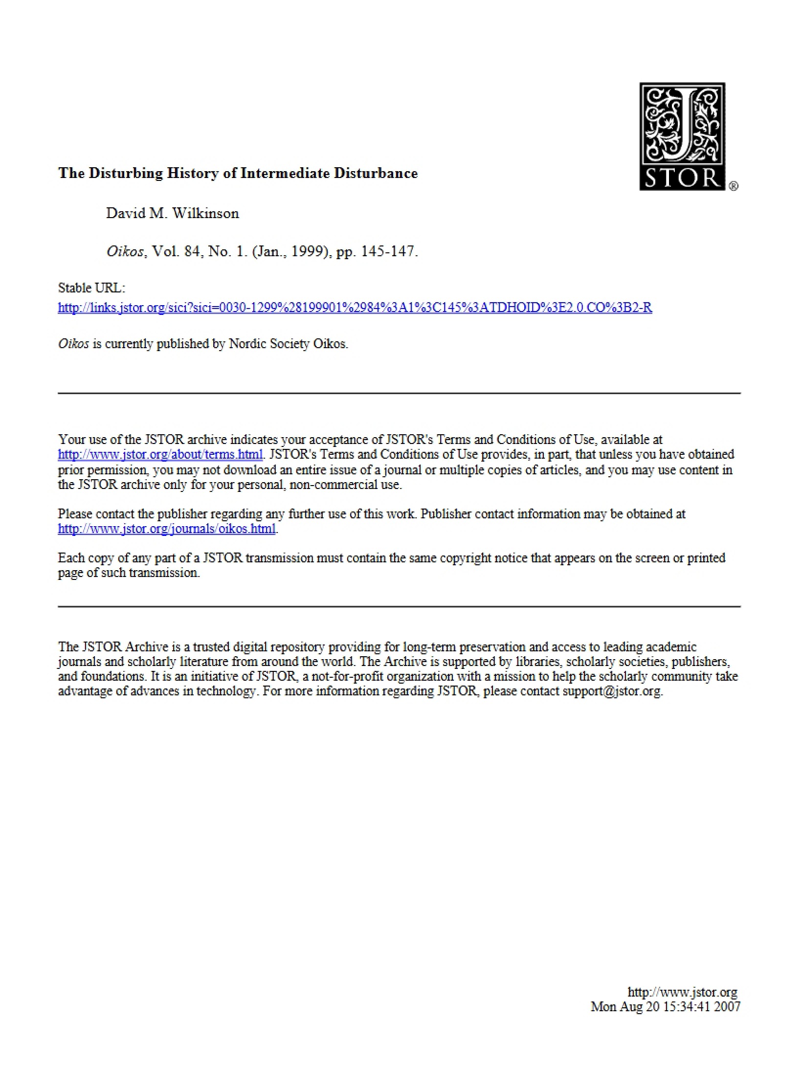 Intermediate Disturbance Hypothesis History (Oikos 1999)