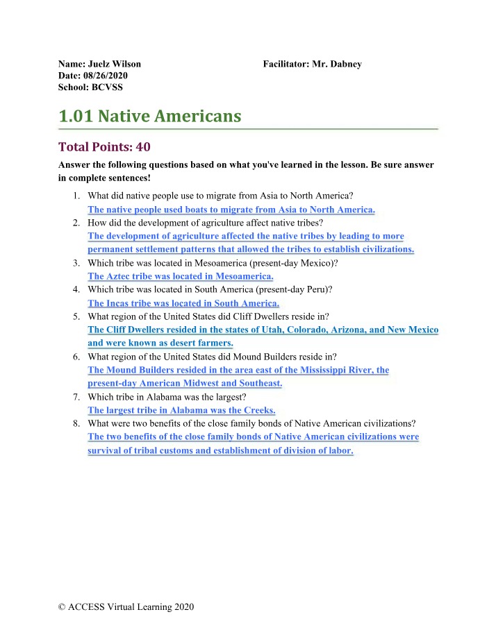Study Questions - Native Americans