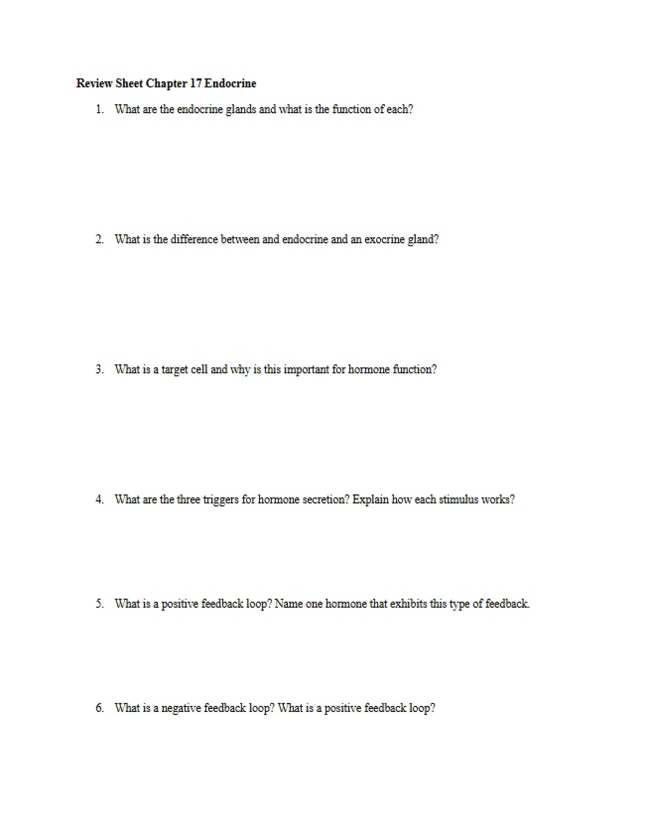 Endocrine System Review Sheet Chapter 17