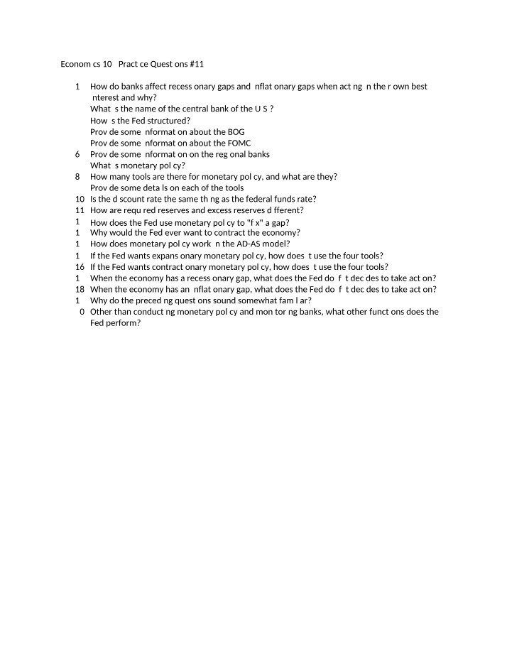Practice Questions #11 (ECON 102)
