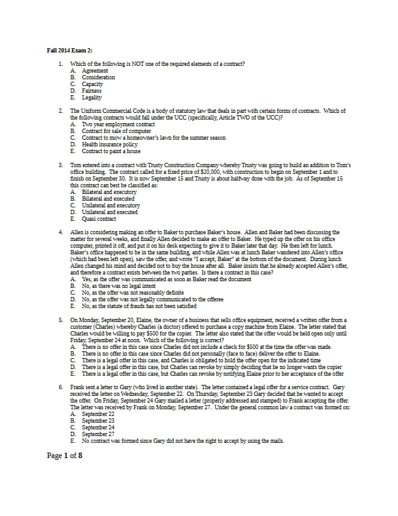 Second Exam for Fall 2014 in Business Law