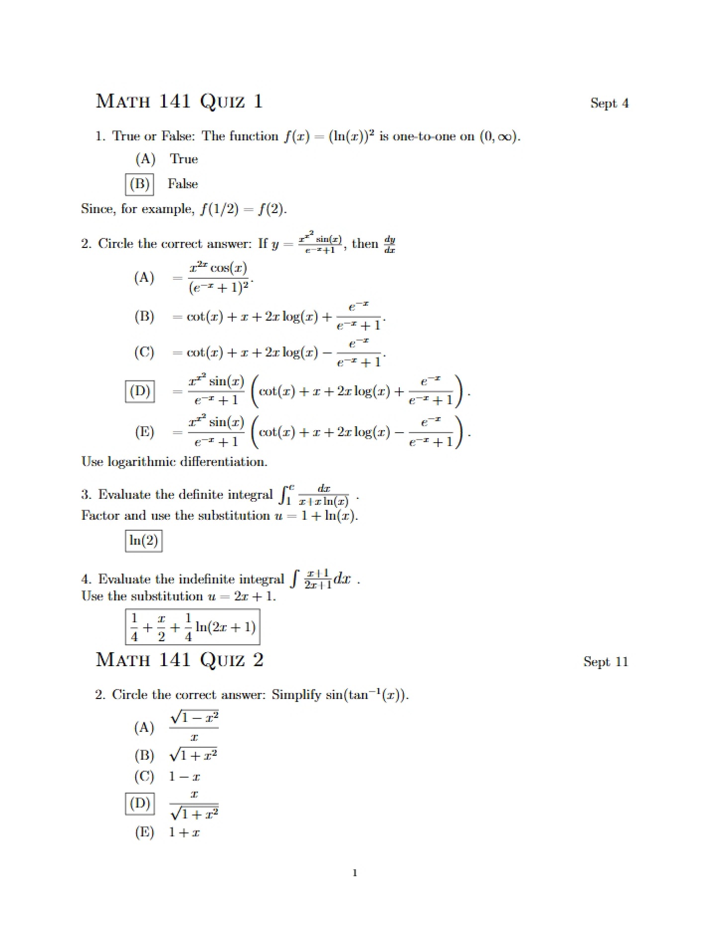 Answer Key Math 141 Quiz