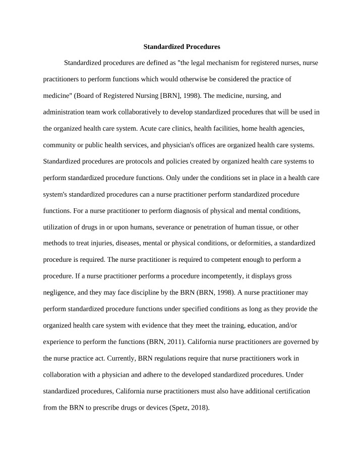 Nurse Practitioner Standardized Procedures