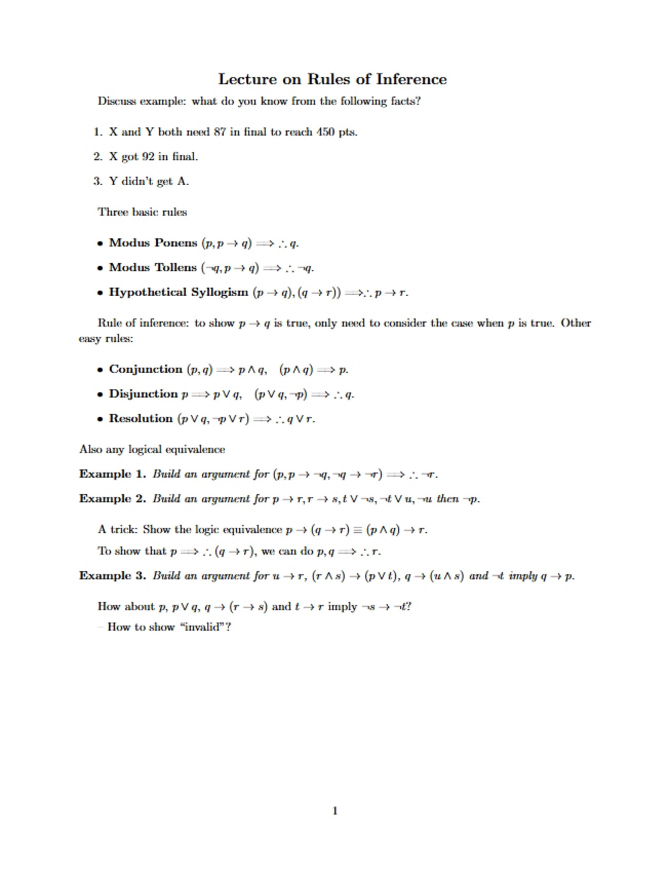 Lecture on Logical Rules of Inference