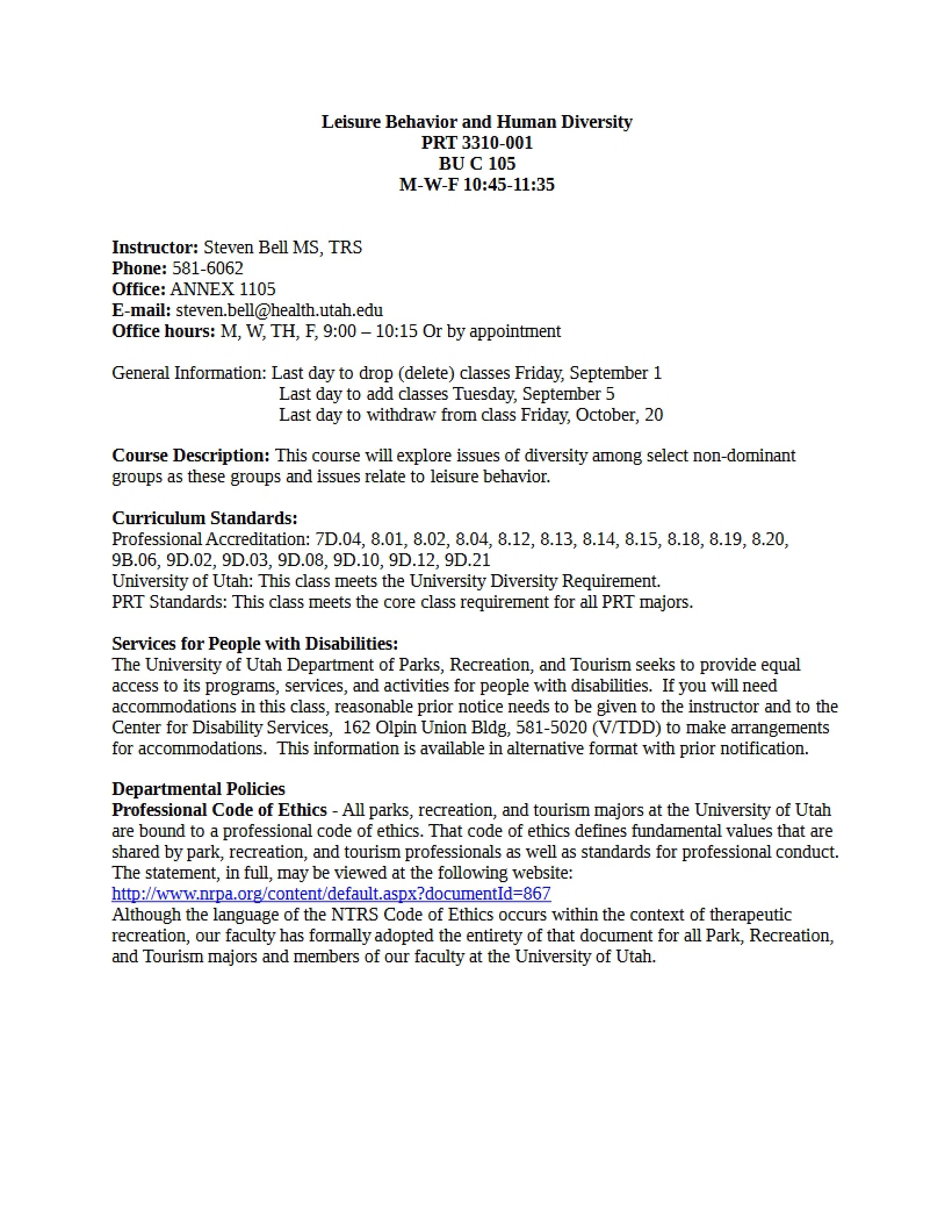 Syllabus for Leisure Behavior and Human Diversity