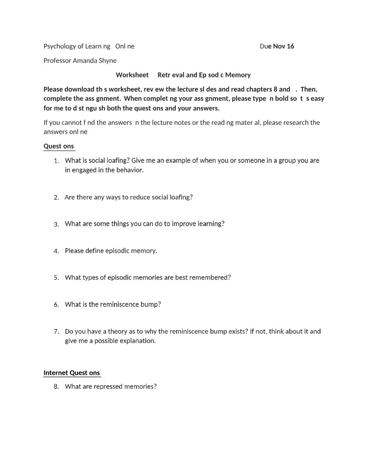 Worksheet 7 on Retrieval and Episodic Memory