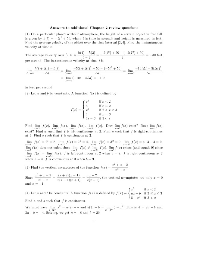 Calculus I - Chapter 2 Review Solutions