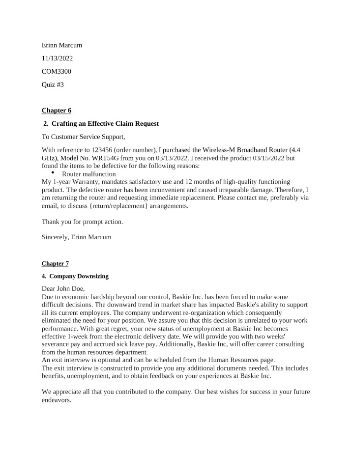Quiz 3 for COM3300