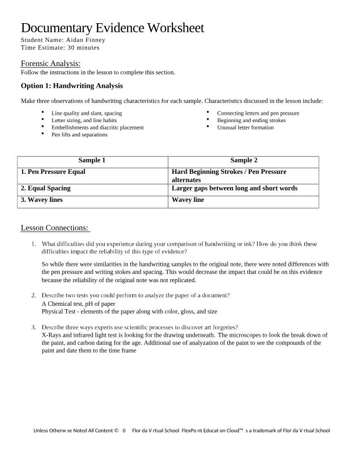 Worksheet on Documentary Evidence