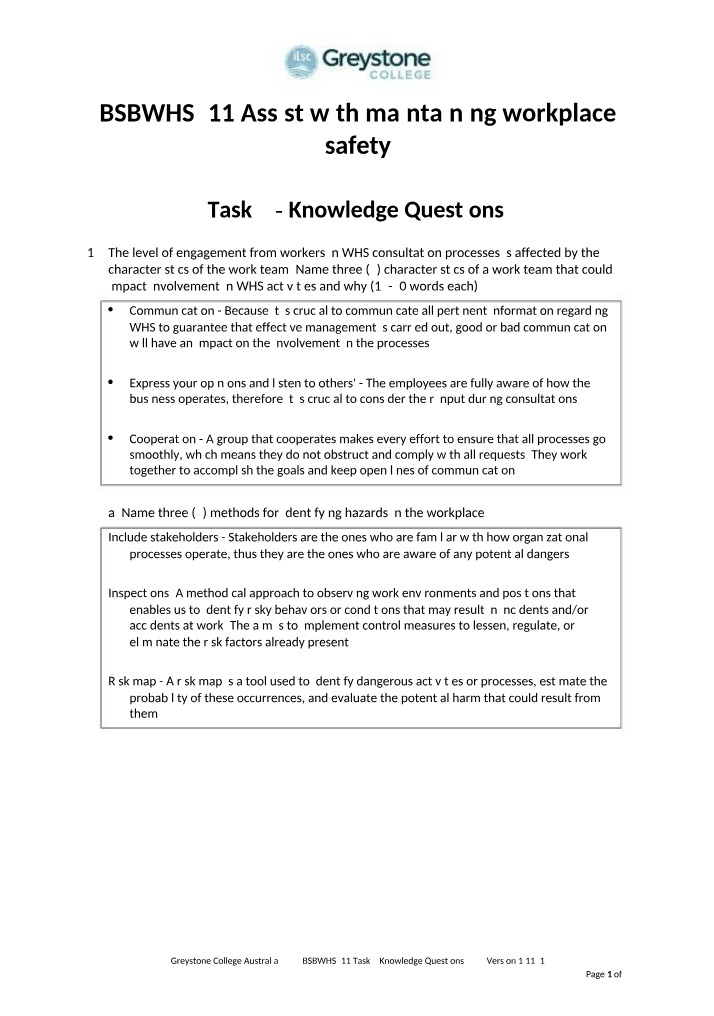 Knowledge Questions for BSBWHS311 Task 2