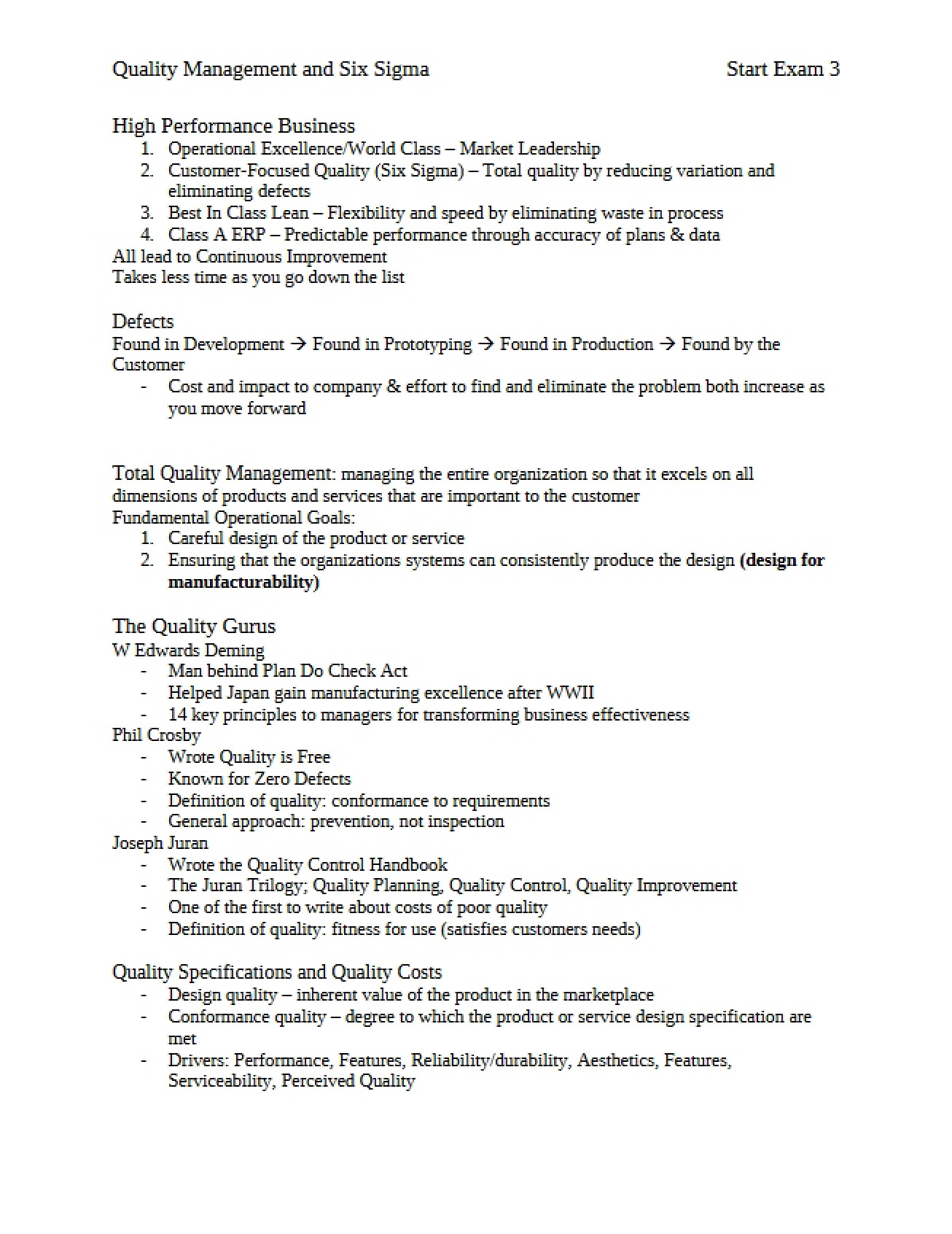 Principles of Six Sigma and Quality Management