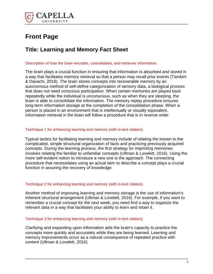 Fact Sheet - Learning and Memory