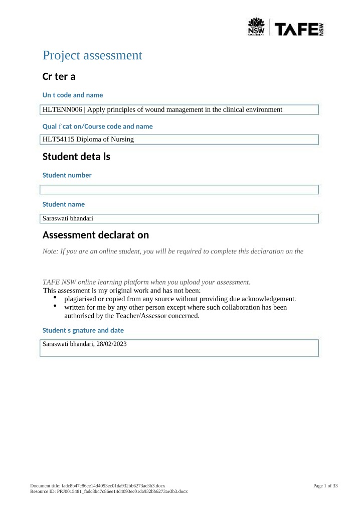 Wound Management Project Assessment - HLTENN006