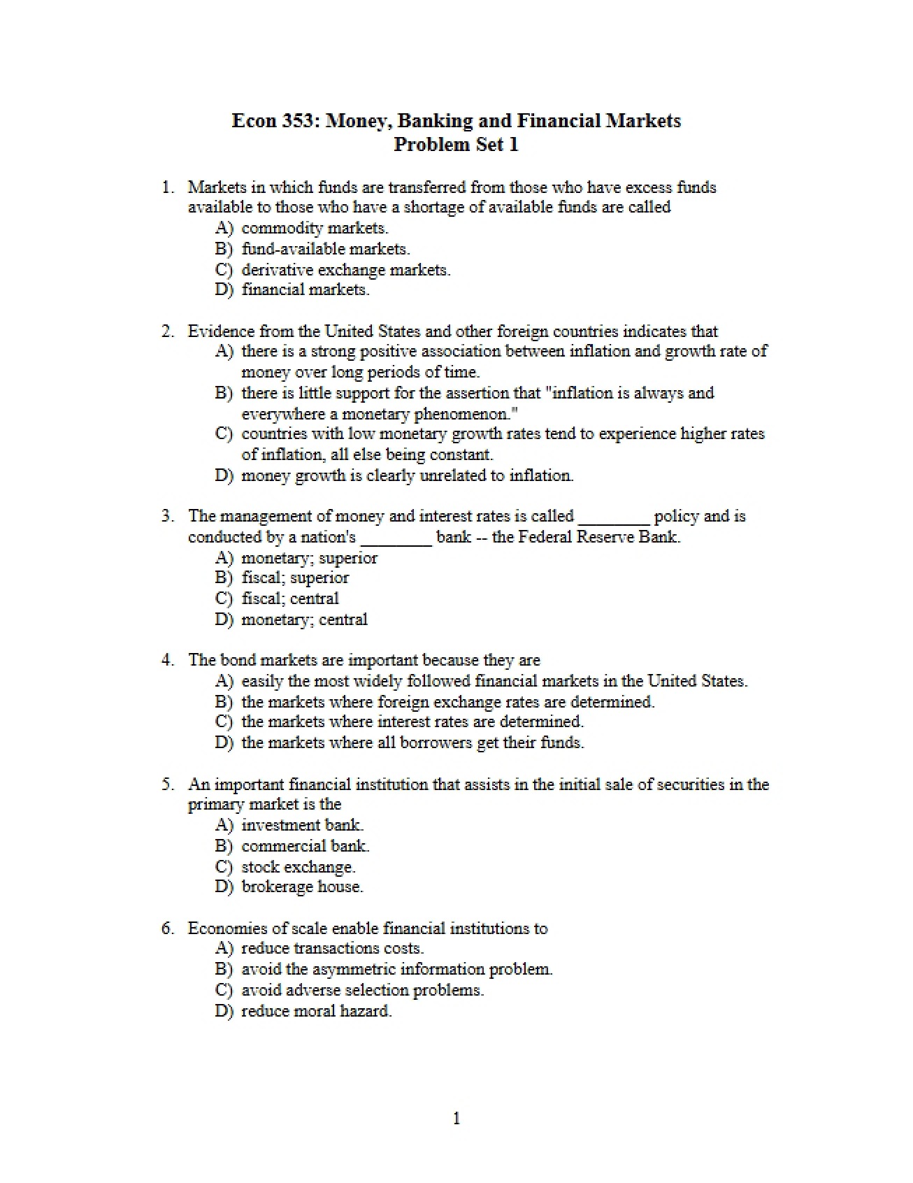 First Problem Set for Money, Banking, and Financial Markets