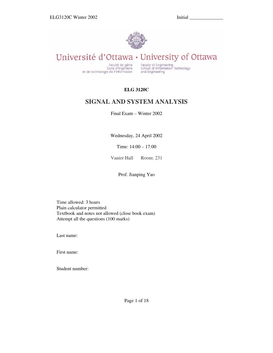 Winter 2002 Final Exam - Signal and System Analysis