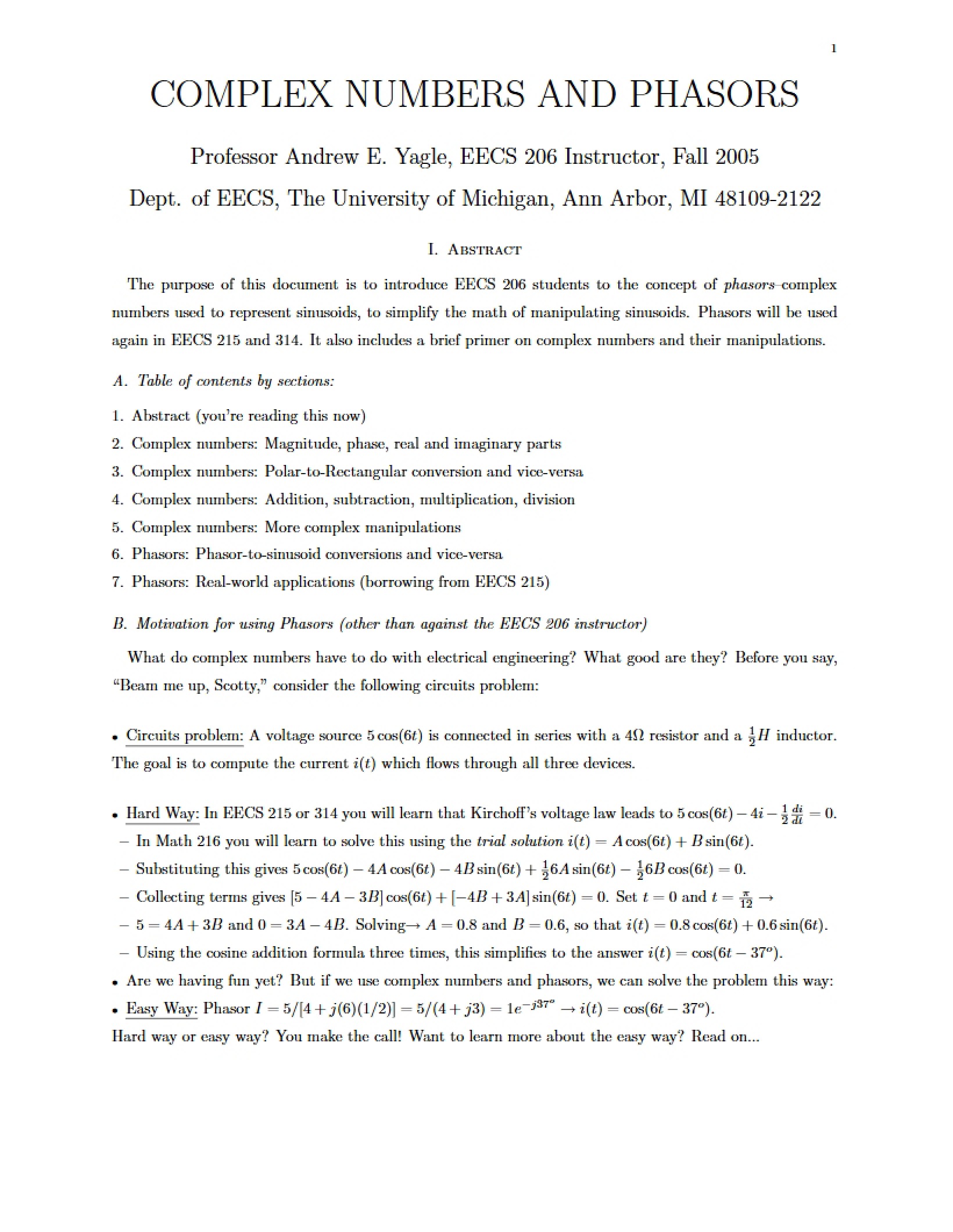 Phasors and Complex Numbers