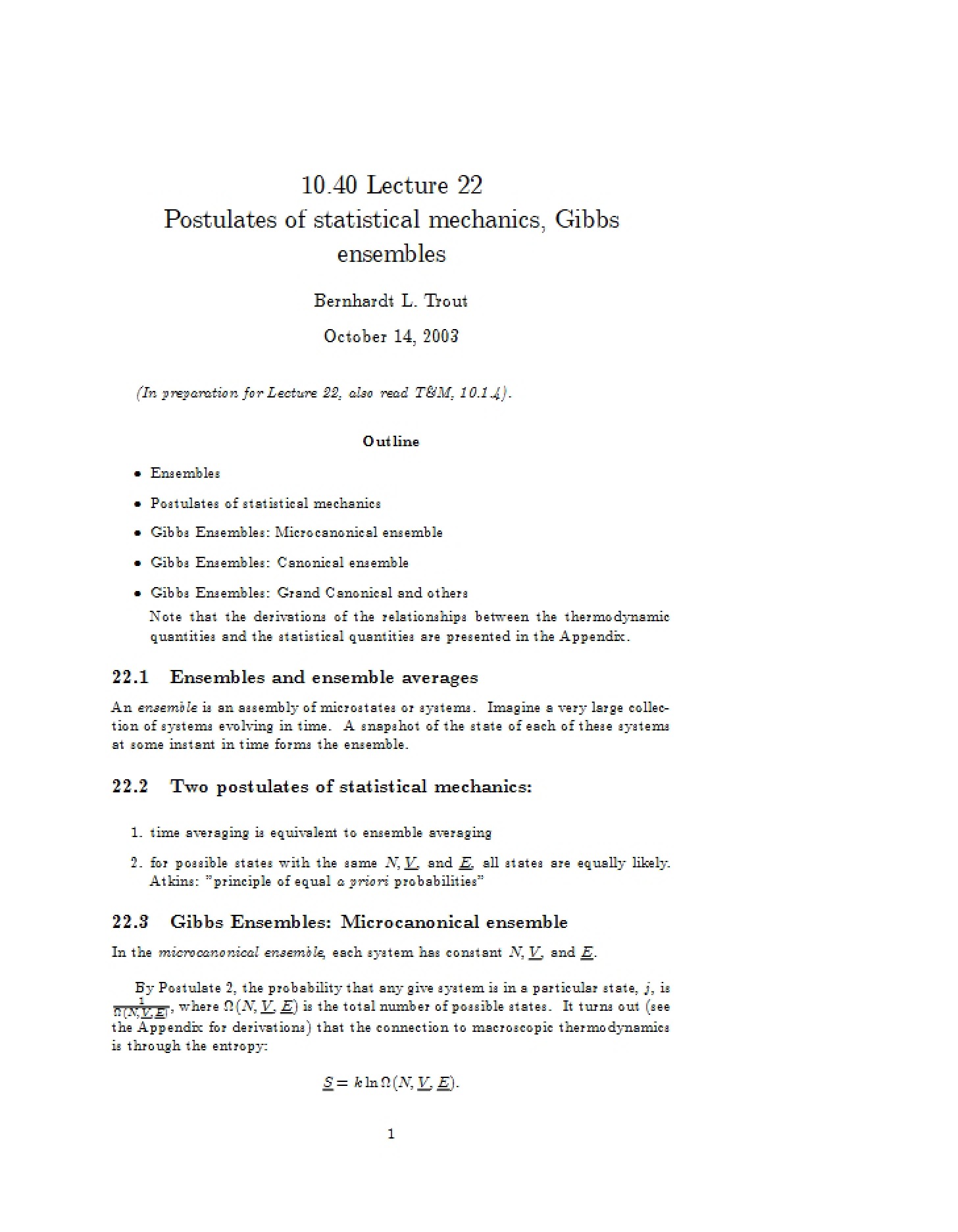 Statistical Mechanics Postulates - Lecture 22