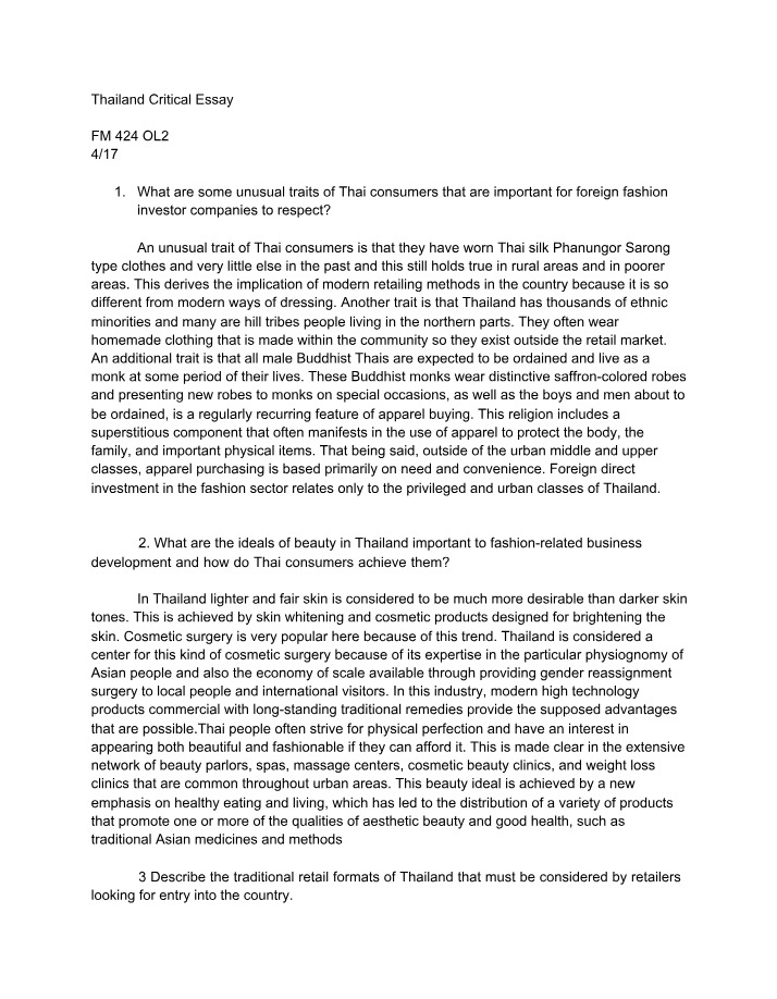 Critical Essay on Thailand