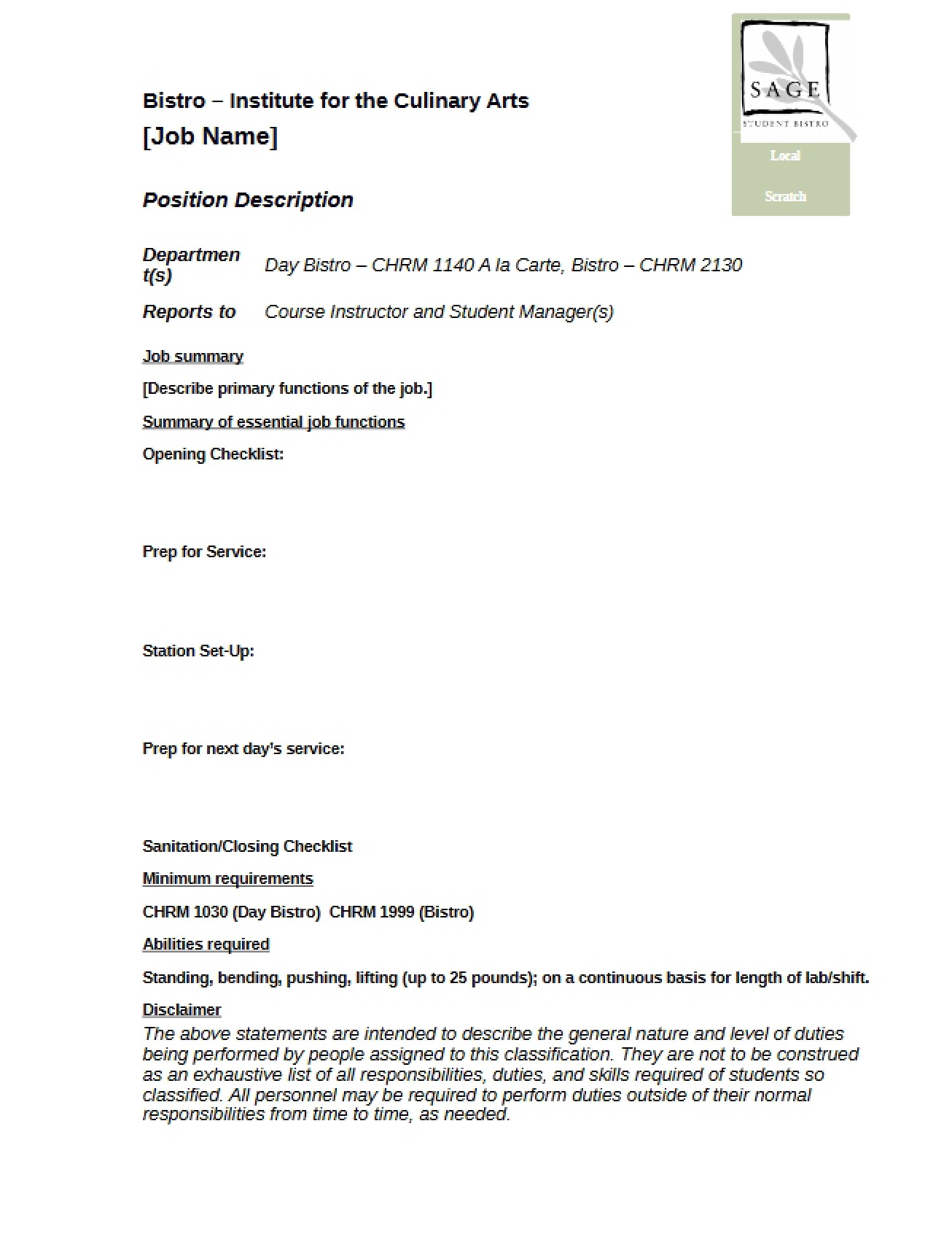 Template for Job Description