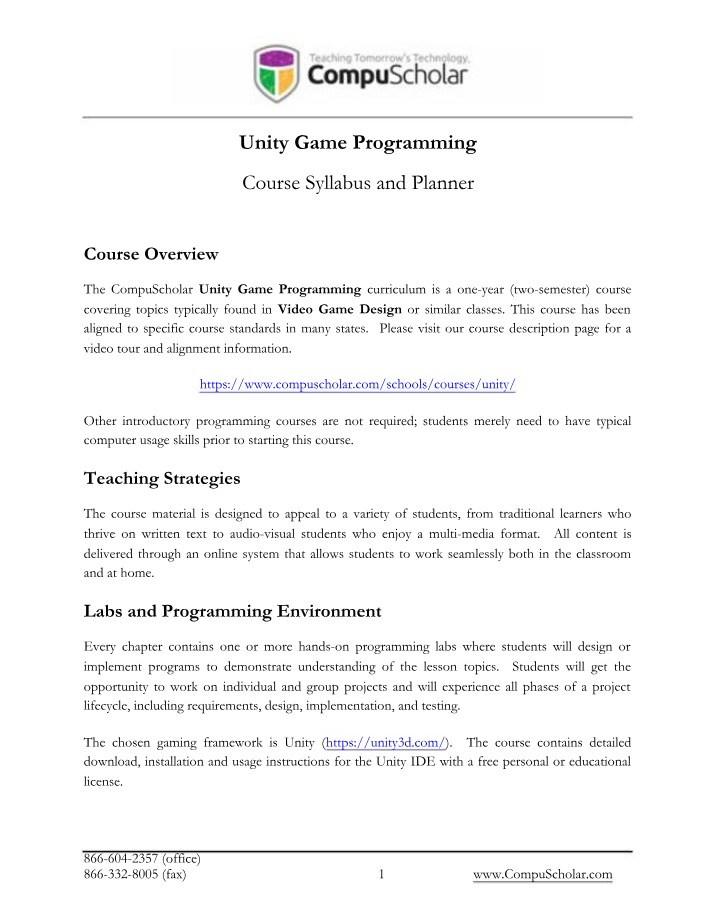 Unity Game Programming - Planner and Syllabus
