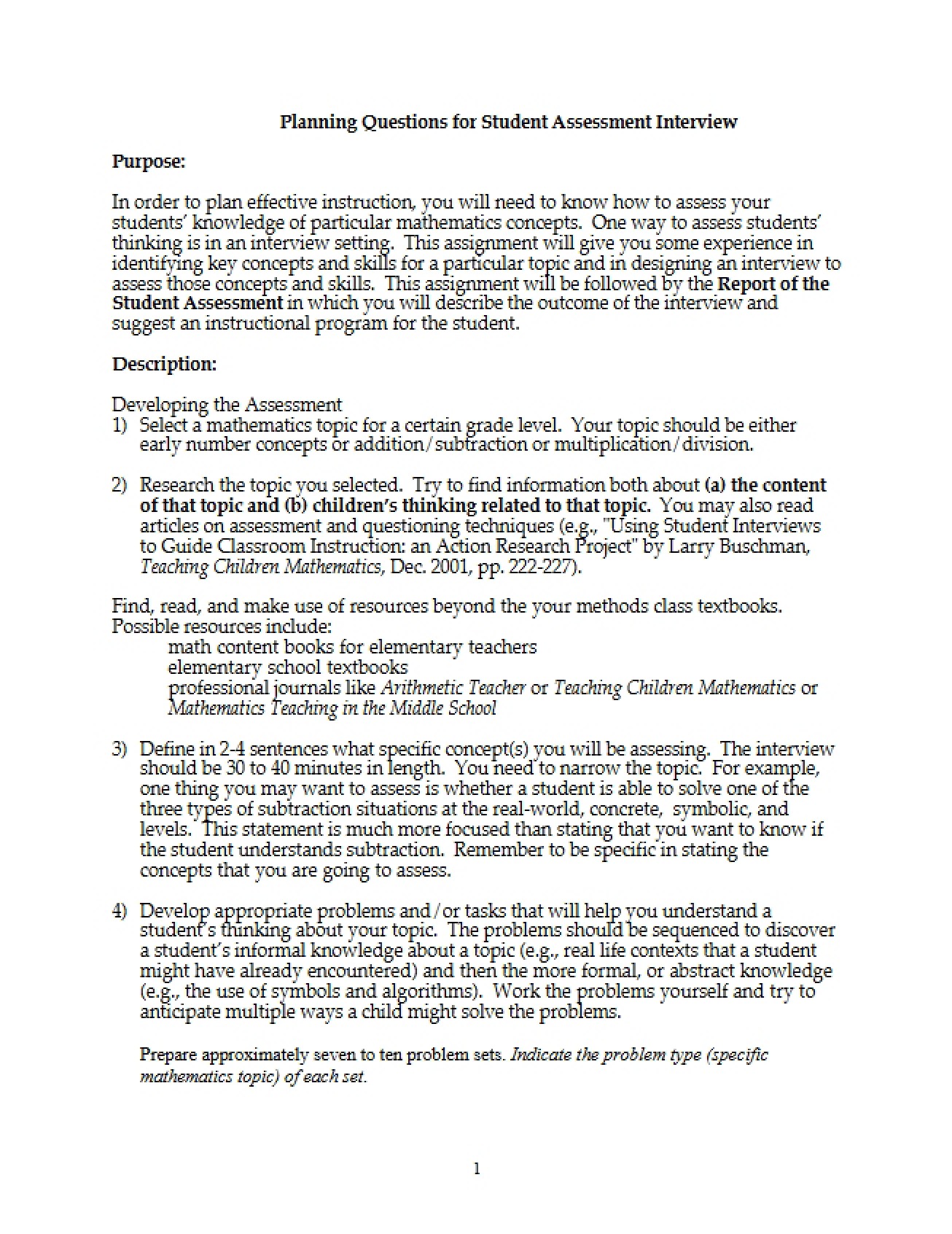 Student Assessment Interview Planning Questions