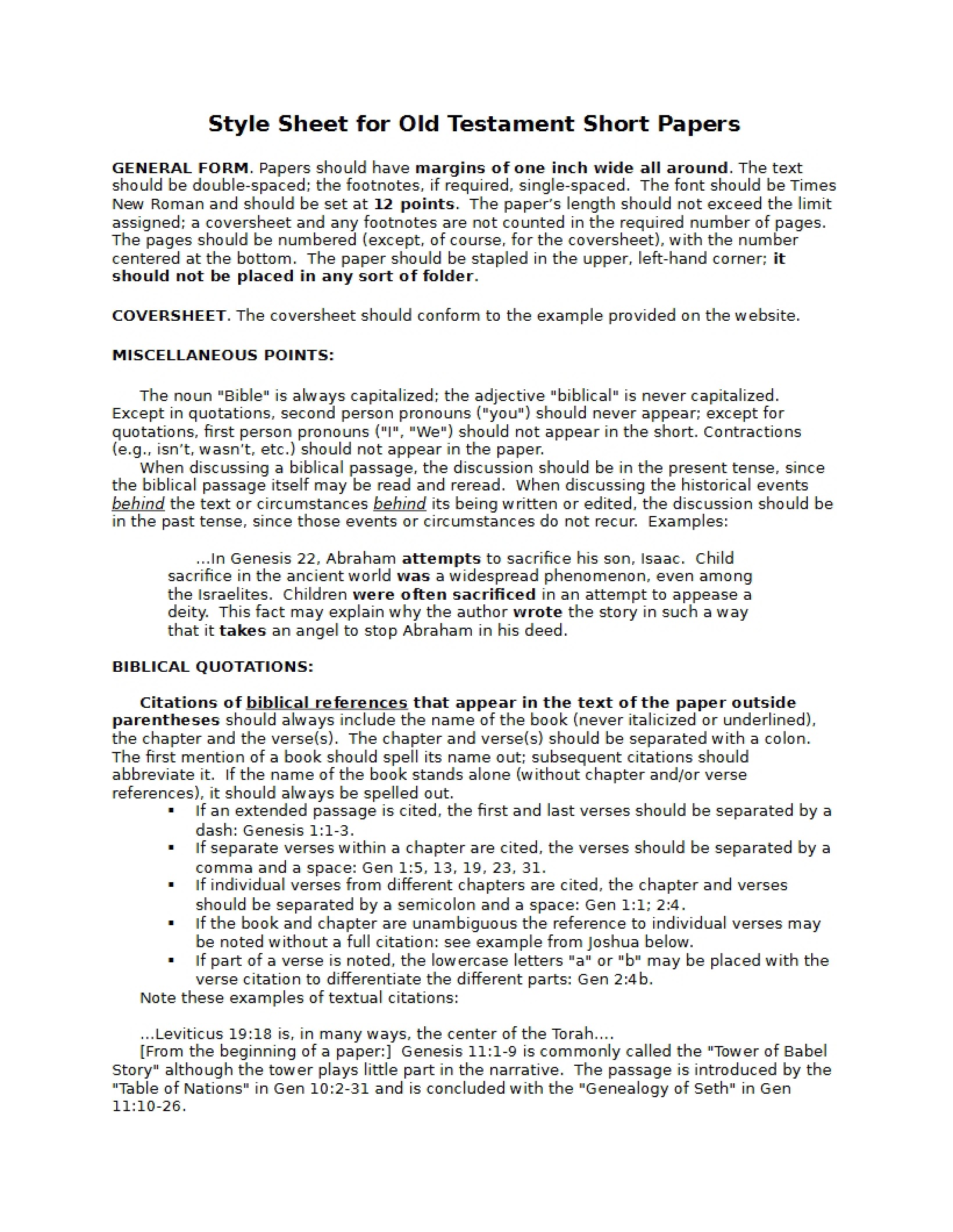 Short Paper Style Sheet for Old Testament