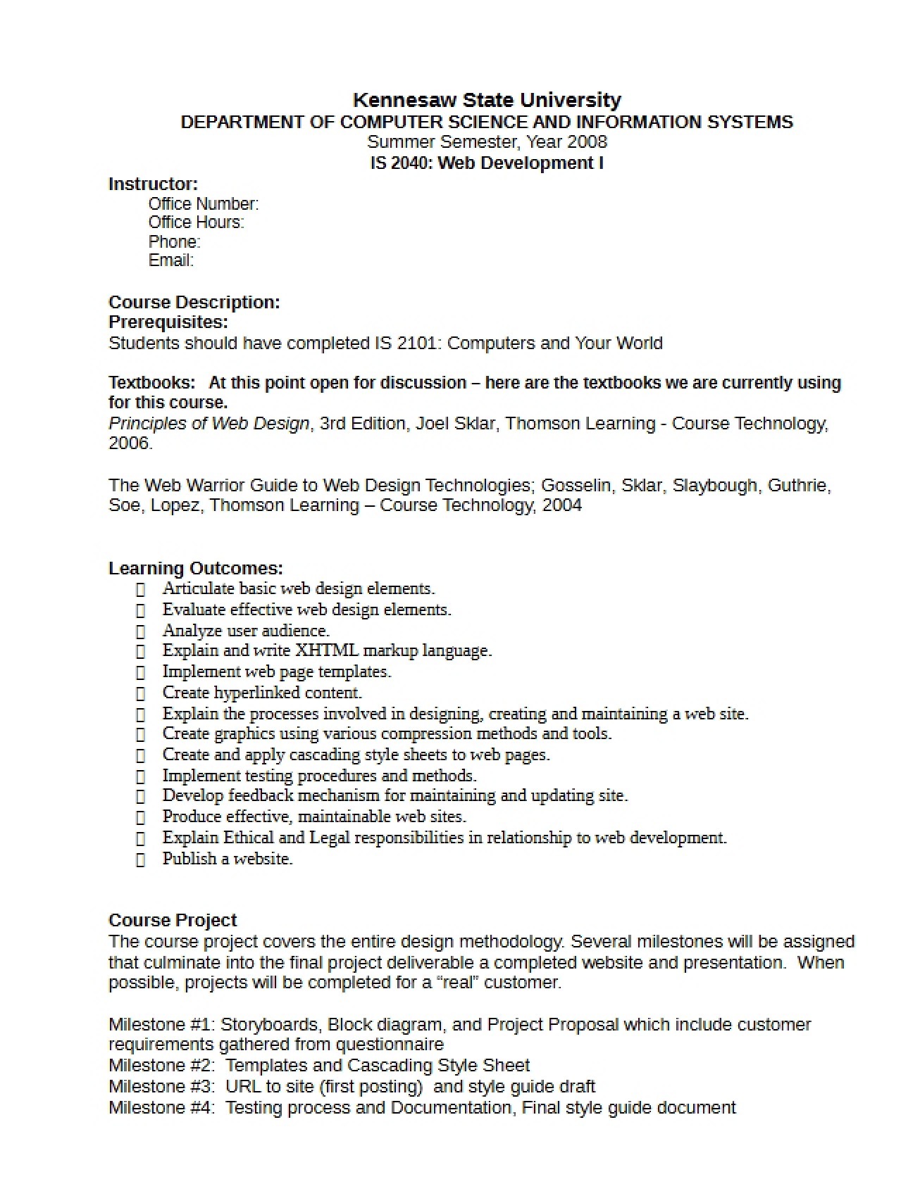 IS 2040 Web Development I Learning Plan