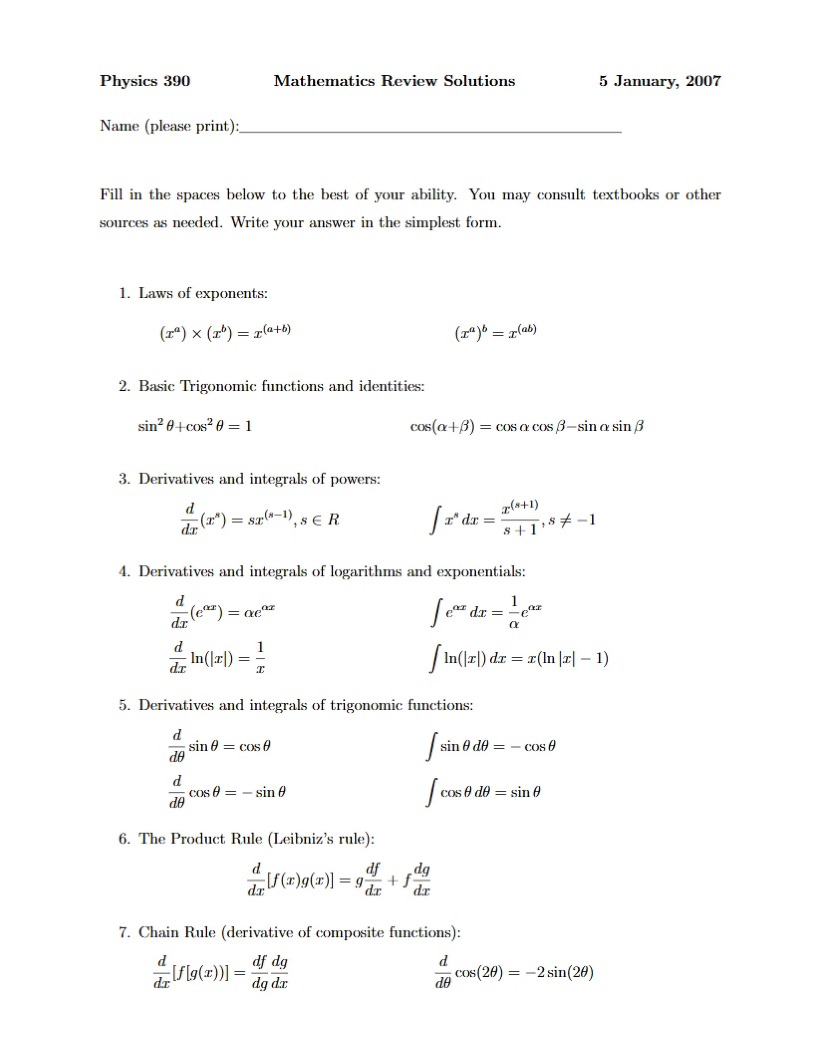Physics 390 Study Guide