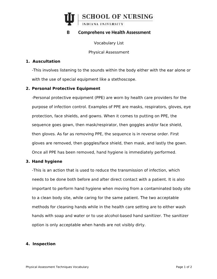 Vocabulary for Physical Assessment Techniques