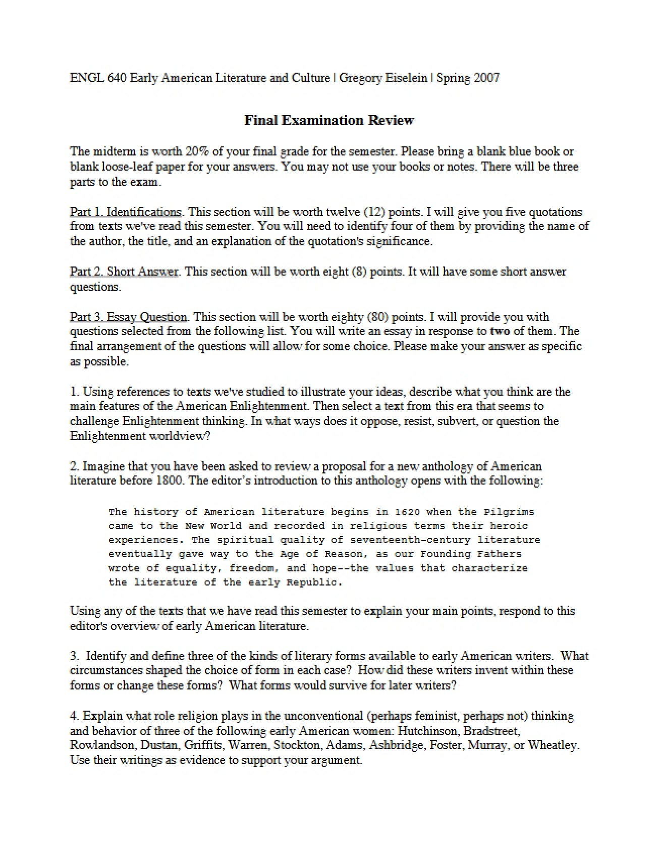Final Examination Review for a Course on Early American Literature
