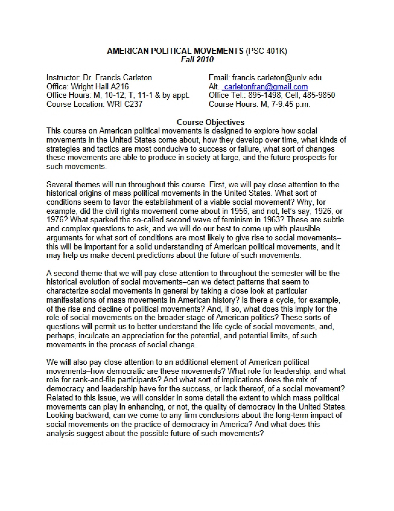 American Political Movements Syllabus