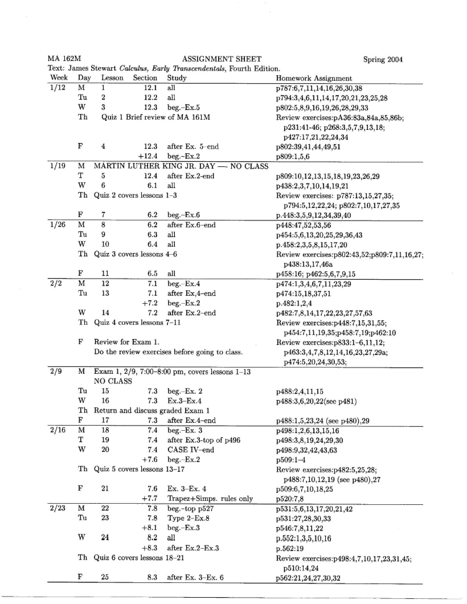 Calc II Assignment Sheet