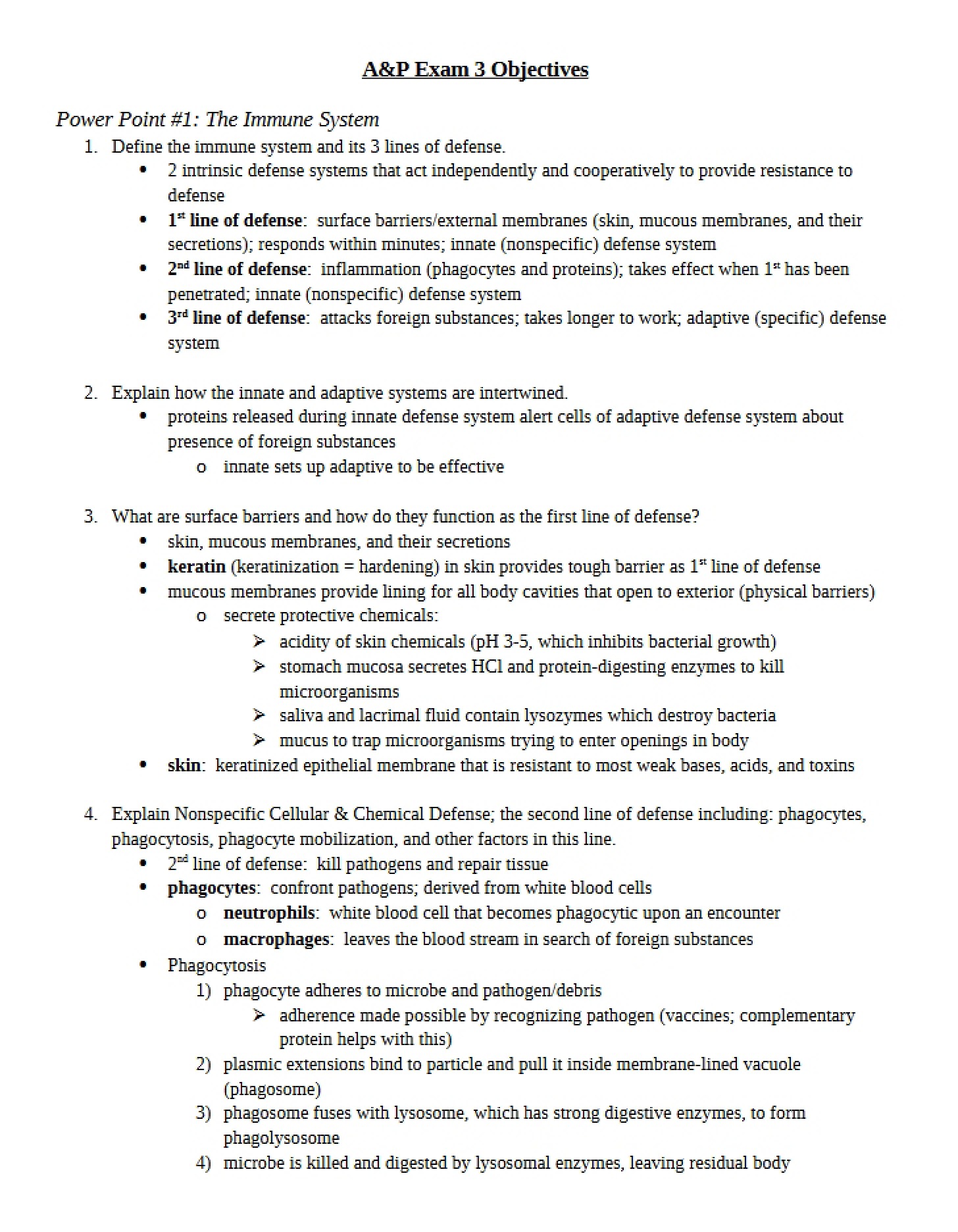 Objectives for A&P Exam 3