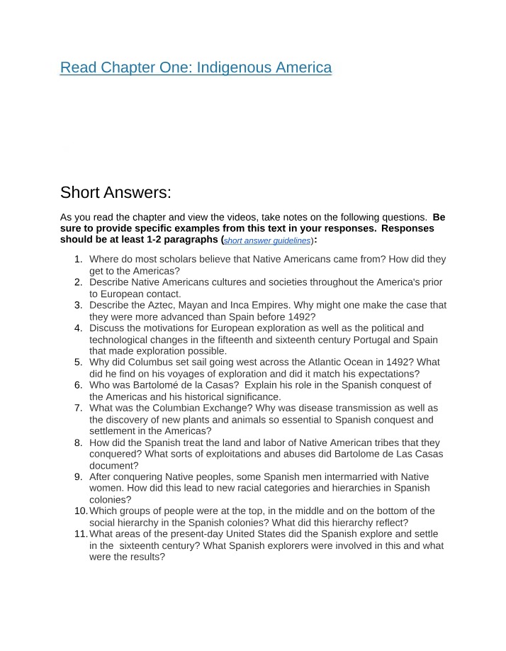 History, Cultures, and Conquests of Indigenous America - Key Terms and Short Answers