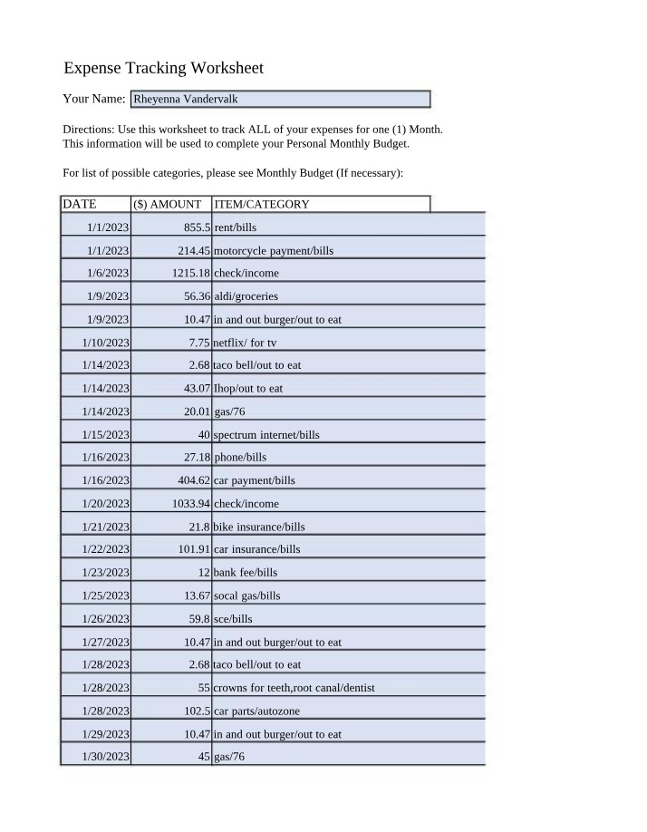 Worksheet for Tracking Expenses