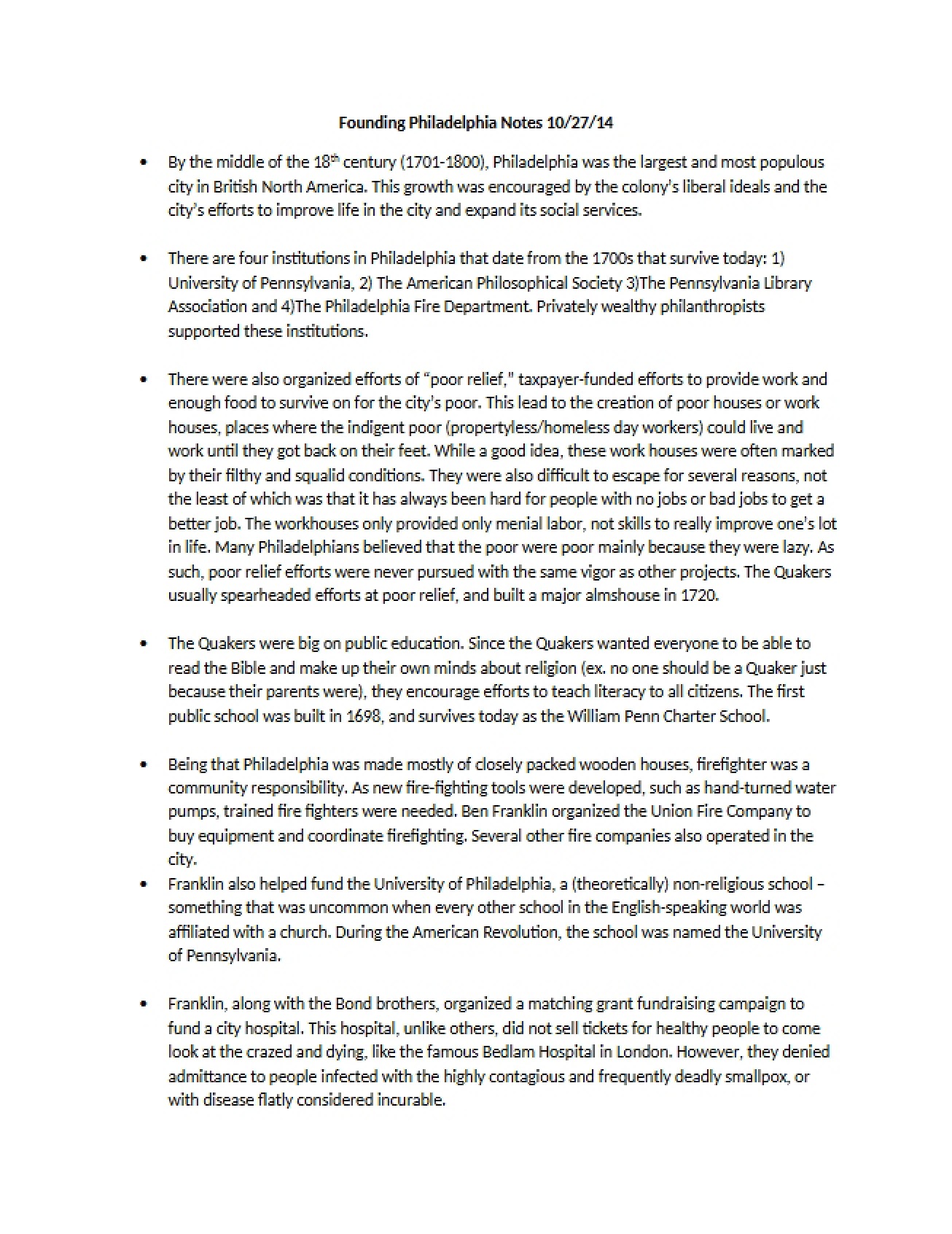 Advanced Notes on the Founding of Philadelphia