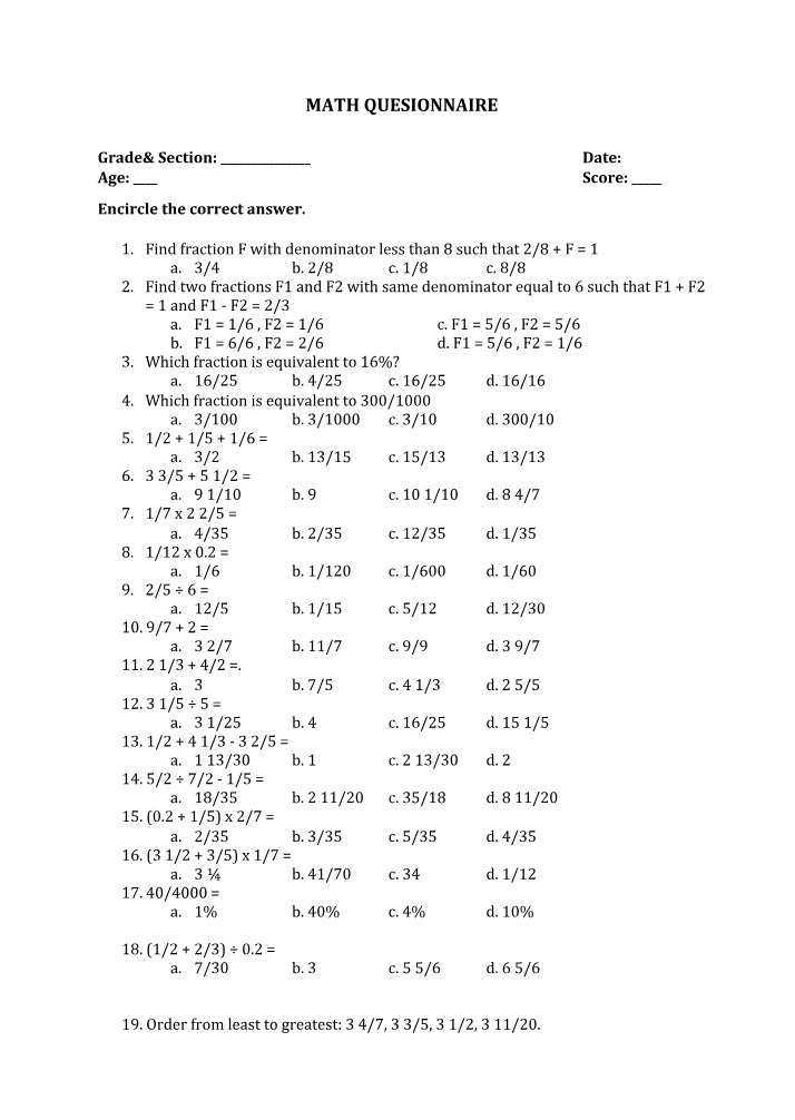 Questionnaire for Math