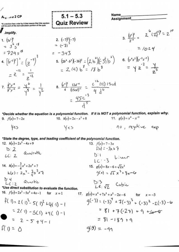 Quiz Review for Polynomial Functions and Equations