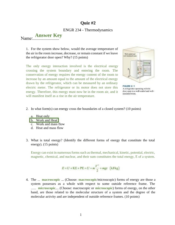 Thermodynamics Quiz 2 Answer Key