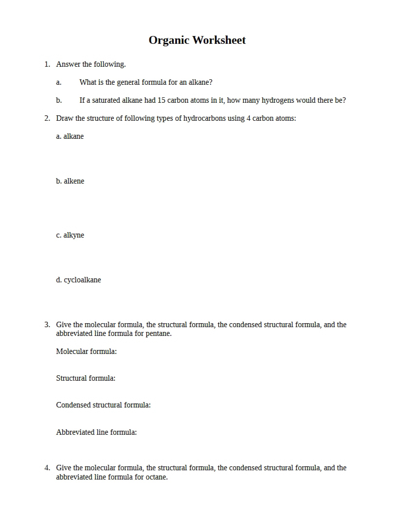 Worksheet for Organic Chemistry