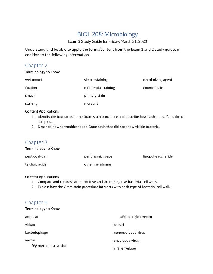 Study Guide for Microbiology Exam 3 - Gram Stain Procedure and Viral