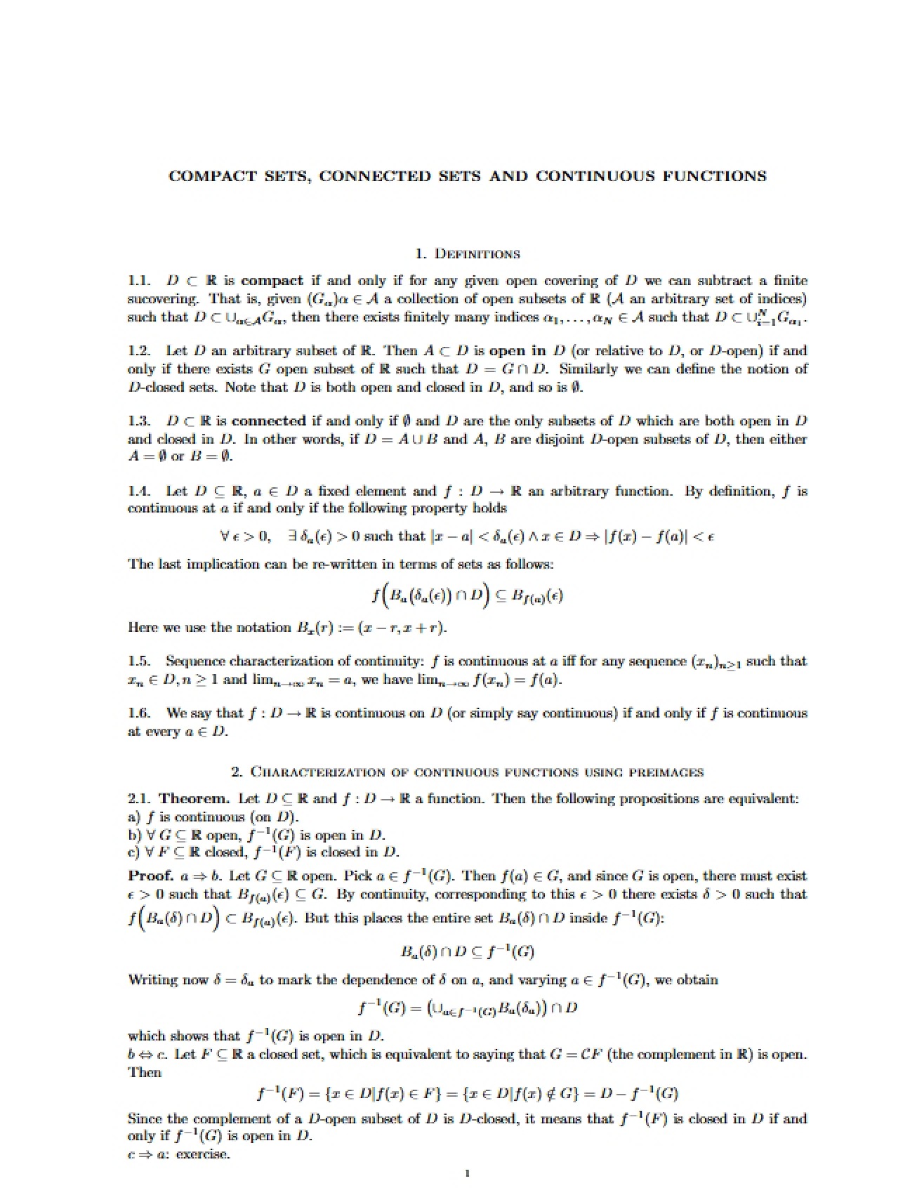 Continuous Functions, Connected Sets, and Compact Sets
